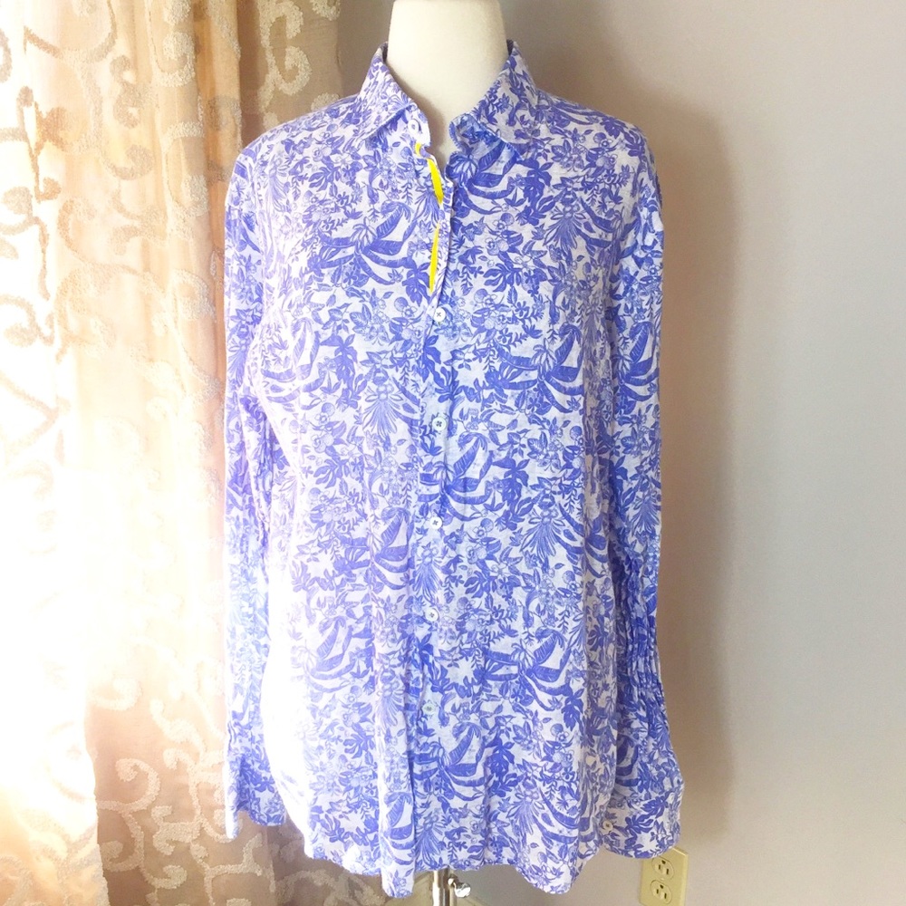 Bugatchi Blue & White Floral Print Linen Button Down Shirt